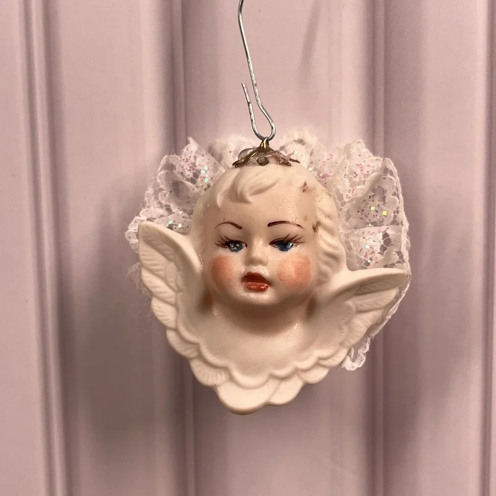 VTG Ceramic Cherub Angel Head Wings &‎ Sunburst Floral Christmas Ornaments Set